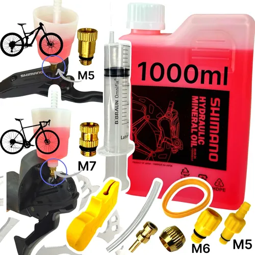 Shimano Mineral Öl Scheibenbremsen Service Kit 1000ml - Fahrradwerkzeuge für hydraulische Scheibenbremsen, kompatibel mit Shimano und Tektro. Ideal für eine zuverlässige Wartung und optimale Bremsleistung.