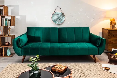 invicta INTERIOR Retro Schlafsofa DIVANI 220cm - Smaragdgrün Samt Schlafcouch mit Bettfunktion - Sofas & Couches - Gemütliche 3-Sitzer Couch mit eleganter Samt-Oberfläche und praktischer Bettfunktion für Gäste. Hochwertige Nosag-Federung sorgt für optimalen Komfort.