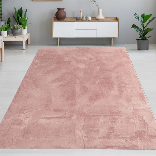 Teppich rosa Hasenfell-Optik elegant weich mit feinem Schimmer modern