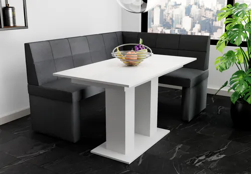 Eckbankgruppe BLAKE XL mit Esstisch DANTE, 196x142 cm - Klassische Eckbankgruppe in Anthrazit mit inkludiertem Esstisch DANTE in Weiß, perfekt für Esszimmer und Wohnzimmer. Hochwertiger Stoff Soro und vielseitige Nutzung für jeden Raum.