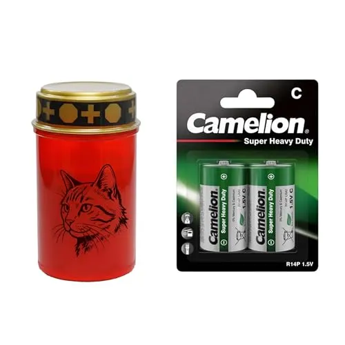 Fachhandel Plus LED Grablicht Katze, batteriebetriebenes Gedenklicht mit flackernder LED Flamme als sicherer Grabschmuck für Tiergrab und Gedenkplatz