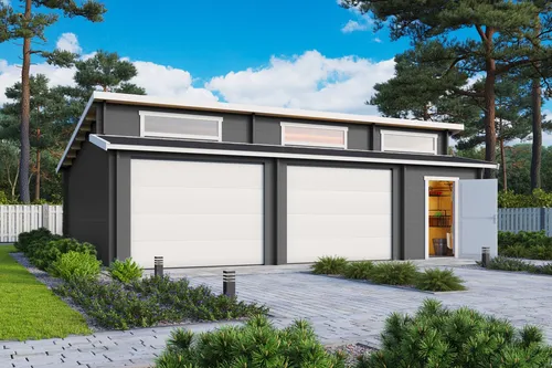 Lasita Garage Stufendach 44 mm Hawaii mit Sektionaltor grau 820x520 cm - Gartenhaus mit 39.4 m² Nutzfläche, 3 Einzelfenstern und abschließbarem Sektionaltor aus robustem Holz, ideal für sichere Fahrzeugunterbringung.