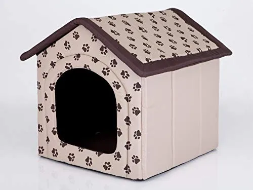 Pillowprim Hundehütte Hundehöhle Hundebett Hundehaus Katzenhöhle kleine S - 38x32 cm beige mit Pfoten