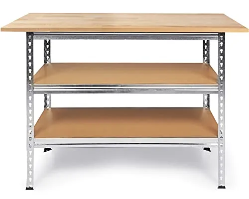 Ondis24 Werkbank Uwe 120cm Metallregal und Werktisch mit höhenverstellbaren Einlegeböden Packtisch verzinkt 92cm Arbeitshöhe mit Buchenarbeitsplatte (Buche)