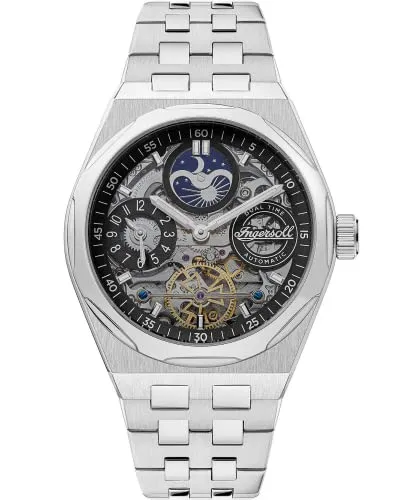 Ingersoll The Broadway I12901 Herrenuhr mit Sonnen- und Mondphasenanzeige - Armbanduhren mit einzigartiger Sonnen- und Mondphasenanzeige, 50m wasserdicht, Automatikwerk und stilvolles Edelstahlarmband.