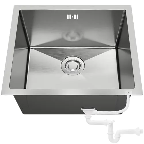 ANW HOME Edelstahlspüle Unterbau Silber 49x44 cm mit Siphon, Siebeinsatz & Überlauf, Aufbau-Einzelbecken Edelstahl 304