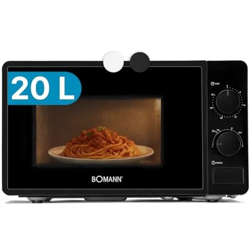 Bomann Mikrowelle 700W, 20L MW6014CB sw - Mikrowelle mit 20L Garraum, 30 Min. Timer und 6 Leistungsstufen für vielseitige Kochmöglichkeiten, ideal für jede Küche.