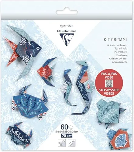 Clairefontaine 95367C - Packung Origami Papier mit 60 Blatt, beidseitig bedruckt, 3 Formate, 10x10 cm, 15x15 cm, 20x20 cm, 70g, Meerestiere, 1 Pack