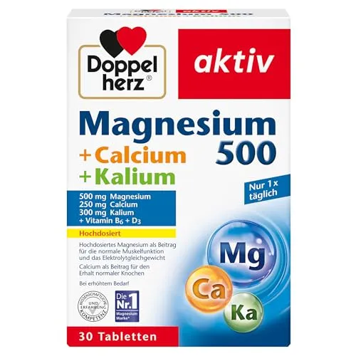 Doppelherz Magnesium 500 + Calcium + Kalium - Hochdosiertes Magnesium als Beitrag für die normale Muskelfunktion und das Elektrolytgleichgewicht - 30 Tabletten