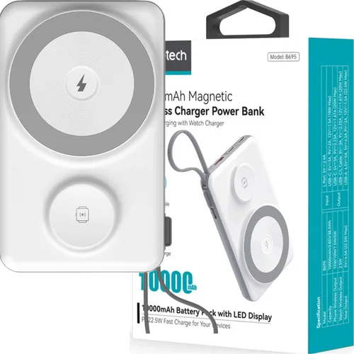 Choetech Powerbank B695 10000mAh LED - Grau - Powerbank mit 10000mAh und magnetischem kabellosem Laden, ideal für Smartphone und Smartwatch. Integriertes USB-C/Lightning-Kabel und LED-Anzeige für optimalen Ladekomfort.