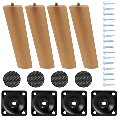 Knpwer 4 Stück 15cm Möbelfüße,Holz Möbelbeine, Massivholz Konisch Beine Aus Eiche für Stühle Schrank Sofa Bett Couch, mit Montageplatten,Schrauben und Filzgleiter (Schrägfuß)
