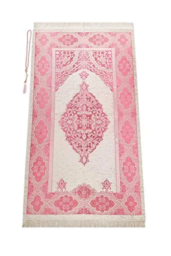 ihvan online Islamisches Gebetsteppich Set mit 99 Perlen Gebetskette Tasbih, Leichter Reisesejadah Faltbar, Janamaz Teppich, Geschenk Ramadan Eid, Fuchsia