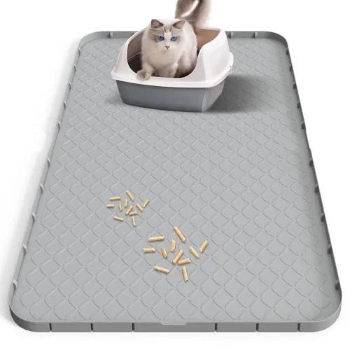 Silikon Katzenstreu Matte XXL 88x56cm, Extra Große Katzenklo Unterlage, Wasserfest & Urindicht, Flexibler Rand für einfaches Ausleeren, rutschfest, Leicht zu Reinigen, Grau, für Mehrkatzenhaushalte