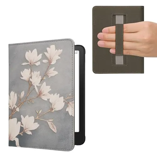 kwmobile Klapphülle kompatibel mit Amazon Kindle Paperwhite (2024)/Colorsoft Hülle - Flipcase für den eReader mit Handschlaufe - Magnolien Taupe Weiß Blaugrau