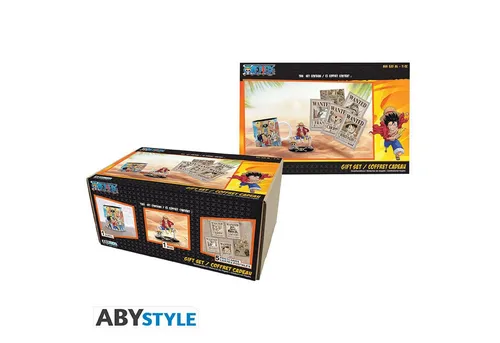 ABYSTYLE One Piece Geschenkset - Luffy Mug, Acryl & Postkarten - Offizielles One Piece Geschenkset mit 320 ml Luffy Tasse, stylishem Acryl und 5 Postkarten der Strohhut-Crew. Perfekt für Fans und Sammler!