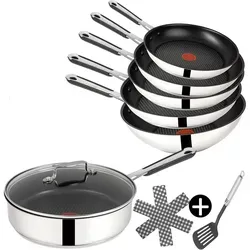 Tefal E30 Jamie Oliver Pfannen-Set 9 tlg - Ideal für große Haushalte - Pfannenset aus 18/10 Edelstahl mit kratzfester Antihaftbeschichtung und Thermo-Spot für gleichmäßige Hitzeverteilung. Perfekt für ambitionierte Köche und alle Herdarten geeignet.