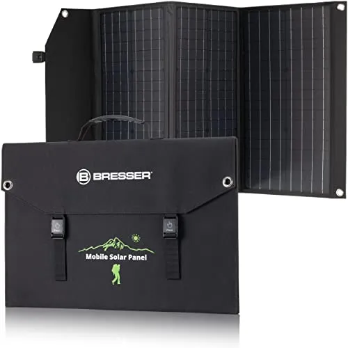 Bresser Solar Ladegerät 90W - Handy-Solarladegerät mit 1x DC- und 3x USB-A-Anschlüssen, ideal für Camping und Outdoor-Aktivitäten, bietet Schnellladung durch QC3.0 und hohe Ladeströme dank modernster Solarzellen.