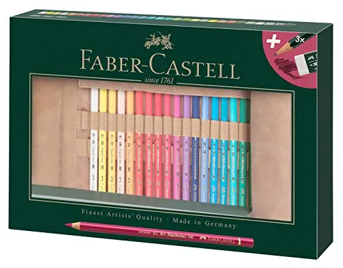 FABER-CASTELL 110030 - 30-teiliges Polychromos Farbstift Set, wasserfest und bruchsicher mit Stifterolle und Zubehör
