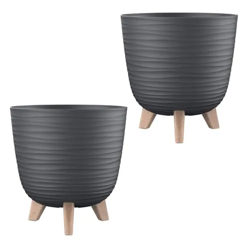 Engelland - 2 x Blumentopf mit Füßen & Bewässerungssystem, Anthrazit, Ø 28 cm, Pflanzkübel, Übertopf, Wellenmuster, Innen- & Außenbereich, Drainagesystem & Wasserspeicher, rund, Kunststoff