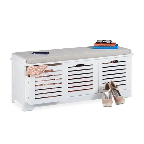 Sitzbank Garderobenbank im Landhausstil - Vielseitige Bank mit 3 gepolsterten Körben für praktischen Stauraum, ideal für Eingangsbereich und Flur.