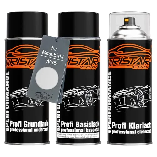 TRISTARcolor Autolack Spraydosen Set für Mitsubishi W85 White Metallic Grundlack Basislack Klarlack Sprühdose 400ml