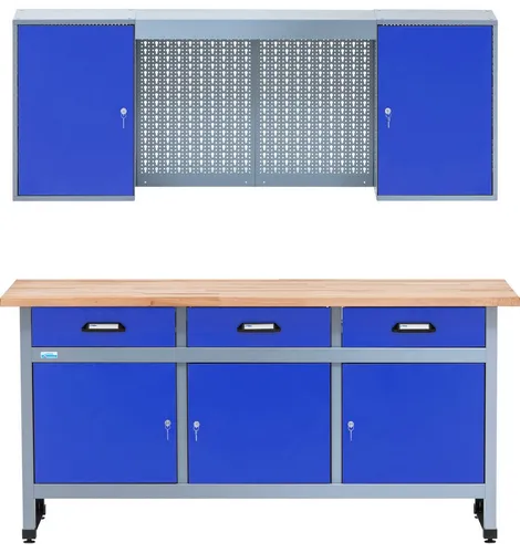 KÜPPER Werkstatt-Set 70421–7 - Werkstatt-Set mit 170 cm breiter Werkbank und Hängeschrank, massive 30 mm Buchenarbeitsplatte für höchste Stabilität und Langlebigkeit.