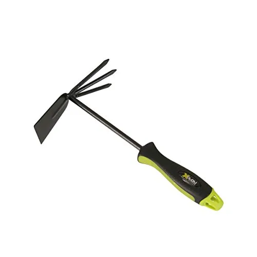 Xclou Doppelhacke in Schwarz, Hacke mit formgerechtem TPE-Kunststoffgriff, Gartenhacke 3 Zinken & Spaten, kleine Hacke pulverbeschichtet, Häckchen Anthrazit-Grau, Blumen-Hacke