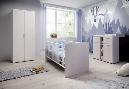 möbel-direkt.de Babyzimmer-Komplettset Bobi, (Komplett Set, 4-tlg., Schrank, Bett, Wickelkommode, Umbauseiten), mit höhenverstellbarem Lattenrost