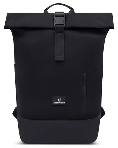 Johnny Urban Rolltop Rucksack Schwarz - Luca Medium mit Laptopfach - Vielseitiger Tagesrucksack mit erweiterbarem Volumen von 17 bis 21 Litern. Gepolstertes Laptopfach bis 16″ und cleverer Stauraum für Alltag, Uni oder Reisen. Wasserabweisendes Material und ergonomischer Tragekomfort für jeden Einsatz.