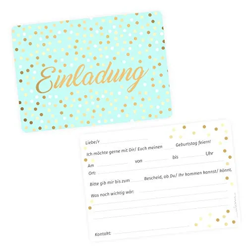 nikima Schönes für Kinder 10 Einladungskarten Mint mit Goldlack inkl. 10 weißen Briefumschlägen - Kindergeburtstag Punkte Silber Dots Erwachsene