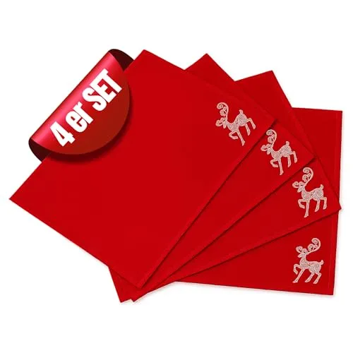 Tischsets Weihnachten, 4er Set Platzsets Rot mit Gold Rentier-Stickerei, Abwaschbar, 45x35 cm, Weihnachts-Tischunterlage für Esstisch & Küche (Mit Stickerei Bedruckt)