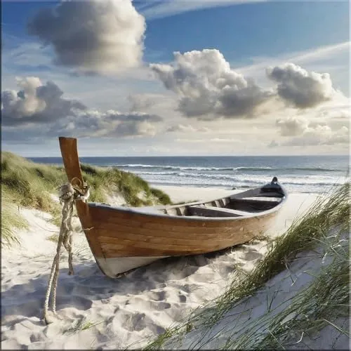 artissimo Glasbild 30x30cm - Boot am Strand - Bilder: Zeitgenössische Fotografie eines Bootes am Strand, ideal für eine stilvolle Raumgestaltung und bringt Urlaubsfeeling in Ihr Zuhause.