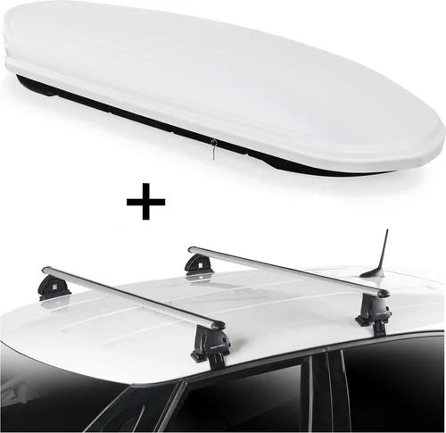 Dachbox VDPMAA460 460 Liter weiß abschließbar + Dachträger VDP EVO ALU kompatibel mit für VW Golf VI (5K) 5 Türer 2008-2012