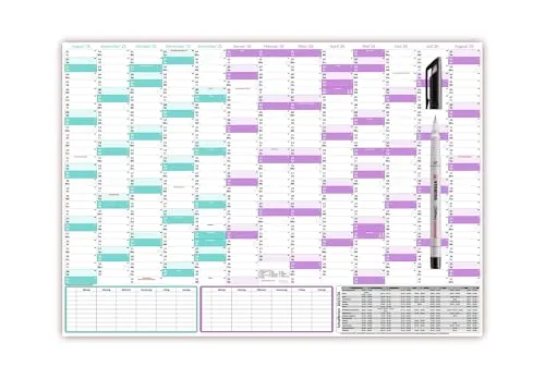 Schuljahreskalender 2025/2026 DIN B1 (700 x 1000mm) nass abwischbar matt + Folienstift schwarz - gerollt - August 2025 bis August 2026, 13 Monate - Wandkalender Schulkalender