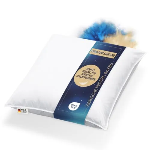 Bettenhaus Breuer Komfort Feder Kopfkissen 80x80 cm – Extra dick & fest - Kissen für hohen Liegekomfort, 2000g neue sibirische Federn bieten optimale Stützkraft und sind ideal für Allergiker – waschbar und made in Germany.