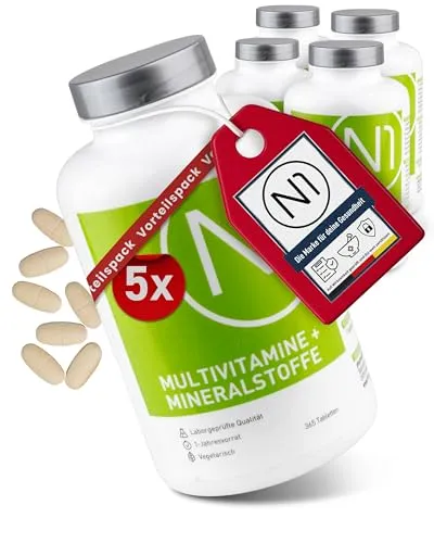 N1 Multivitamin Tabletten hochdosiert - 365 Tabletten für ein Jahr - Hochdosierte Multivitamin-Tabletten mit allen wichtigen Vitaminen und Mineralstoffen in nur einer täglichen Tablette. Ideal für Vegetarier, ohne tierische Inhaltsstoffe und Allergene.