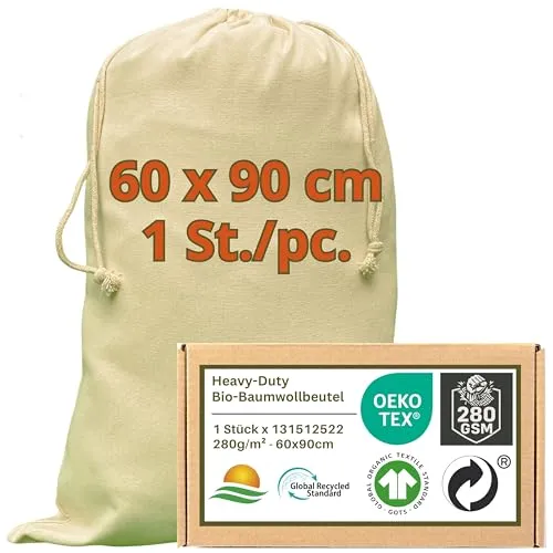 WIESEN.design Laundry bag - 280 g/m² OEKO-TEX® zertifizierte Heavy-Duty Baumwolle für langlebige, professionelle Anwendungen, 60x90 cm - 1 St. Wäschesack groß, Baumwollbeutel mit Kordelzug