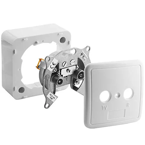 Universal Antennen-Dose Enddose für TV und Radio mit Rahmen und Abdeckung 75Ohm, 1 Koax Stecker männlich und 1 Koax Buchse Kupplung weiblich, geeignet für 3D SD HD FullHD UHD 4K, Weiss