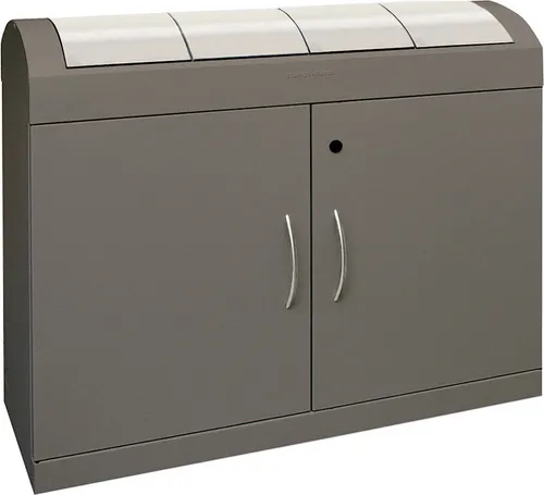 Stylischer Wertstoffsammler mit Edelstahl-Pendelklappen | 4x45 Liter | Soft-Mokka - Eleganter Wertstoffsammler aus verzinktem Stahlblech mit 4x45 Liter Fassungsvermögen. Selbstschließende Pendelklappen sorgen für eine hygienische Nutzung. Ideal für eine ordentliche Abfalltrennung in jedem Umfeld.