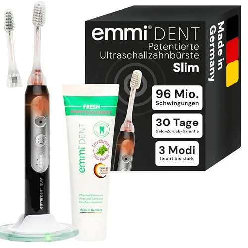Produktbild emmi-dent Slim Ultraschallzahnbürste Weiß I Bis zu 96 Mio. Schwingungen/Min. I 3 Reinigungsmodi I Bis zu 15 Tage Akku I Inkl. Qi-Ladestation (USB-C), 2 Aufsätze & Ultraschall-Zahngel I Made in Germany