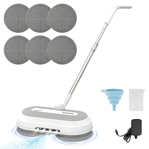 DEWINNER Kabelloser Wischmopp mit 2.0Ah Akku & 300ml Wassertank | Doppel-Rotationssystem (150 U/min) | LED-Arbeitslicht | Höhenverstellbar | Für Böden & Terrassen