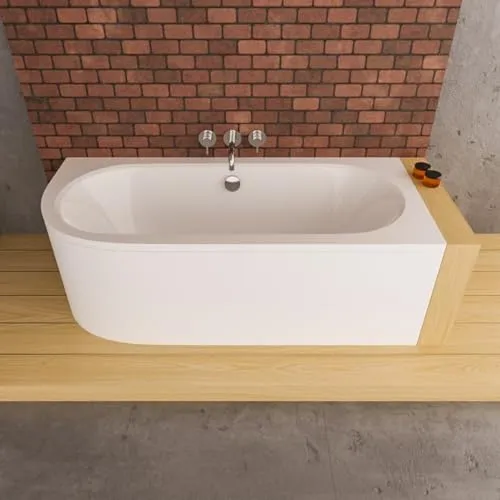 ECOLAM® Badewanne Avita 150x75 cm Schürze | Wanne Ablauf in der Mitte | Eckwanne Modern Design | Eckbadewanne rechts + Ablaufgarnitur Ab- und Überlauf Automatik Füße Silikon Komplett-Set Acryl weiß