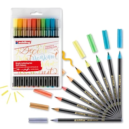 edding 1340 Pinselstift - 10er Set - sanfte Farben - flexible Pinselspitze - Filzstift zum Malen, Schreiben und Zeichnen - Bullet Journals, Hand-Lettering, Mandalas, Kalligraphie