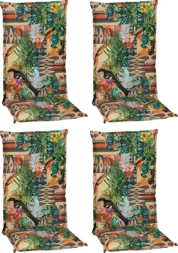 4er Set Texas BE743 Dschungel Print mit Vogel - Gartenmöbelauflagen für Hochlehnerstühle, schadstofffrei, waschbar bei 30 Grad, ideal für stilvolle und bequeme Gartenmomente.