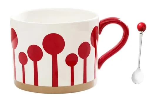 Biigming Groß Tasse Keramik 450ml Rote Kaffeetassen mit Löffel mit Griffen spülmaschinen- und Mikrowellengeeignet, Nordischen Stilen Geschenk für Geburtstag Weihnachten(Rot)