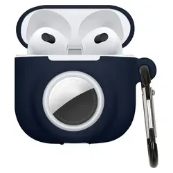 kwmobile 2-in1 Hülle kompatibel mit Apple Airpods 4 - Kopfhörer Case kompatibel mit Airtag - Weiches Silikon Cover - Schutzhülle mit Karabiner - - Dunkelblau
