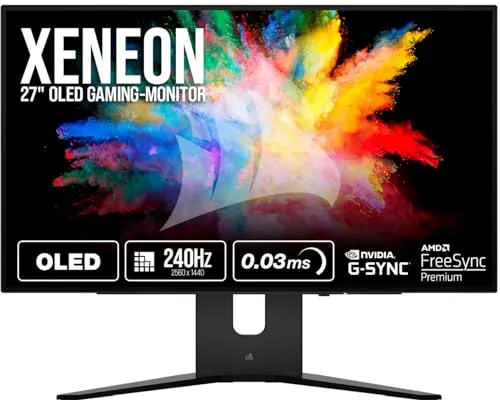 Corsair XENEON 27QHD240 - 27-Zoll-OLED-Gaming-Monitor - Gaming Monitor mit 2560 x 1440 Auflösung, 240Hz Bildrate und 0,03ms Reaktionszeit für flüssiges Gameplay. Selbstleuchtende OLED-Pixel sorgen für beeindruckende HDR-Wiedergabe und tiefste Kontraste.