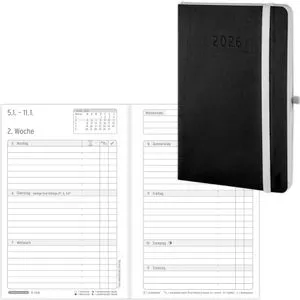 Chronoplan Taschenkalender 50966, Mini, Jahr 2026, Black Edition, schwarz, 1 Woche auf 2 Seiten, A6