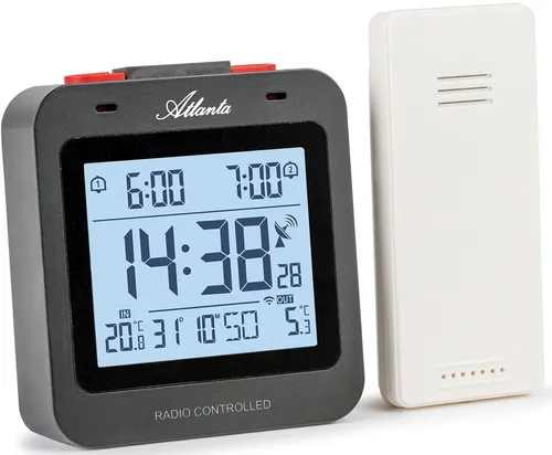 Atlanta Funkwecker Digital LCD mit Temperatur und 2 Alarmen - Wecker mit LCD-Display und 2 Alarmen, zeigt Innen- und Außentemperatur an. Mit praktischer Snooze-Funktion und einfacher Bedienung, ideal für einen stressfreien Start in den Tag.