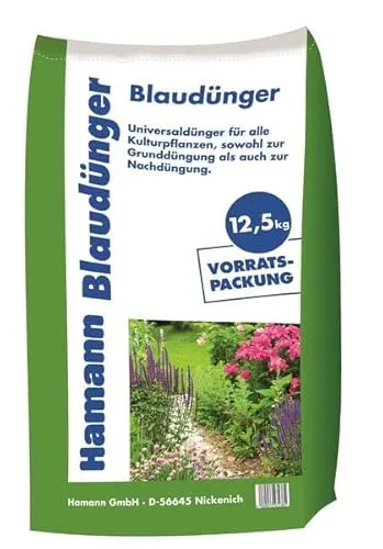 Hamann Blaudünger 12,5 kg Volldünger Universaldünger - gesunde Ernährung der Pflanzen - Gründliches Wässern nach der Düngung beschleunigt die Düngewirkung, Rasen, Garten, Gemüse, Pflanzen